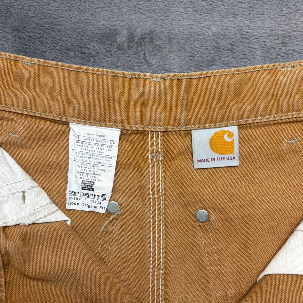 Vintage Carhartt B01 Work Pants Mens 32x34 Brown Loose Double Knee Made In USA